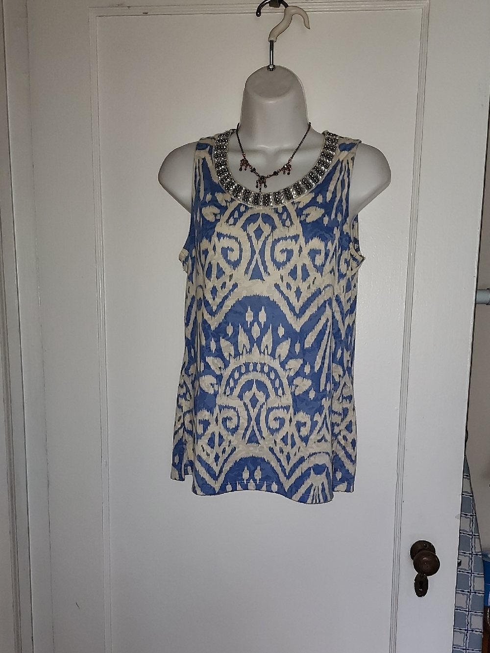 INC International Concepts Blue and Cream Beaded Neckline Tank